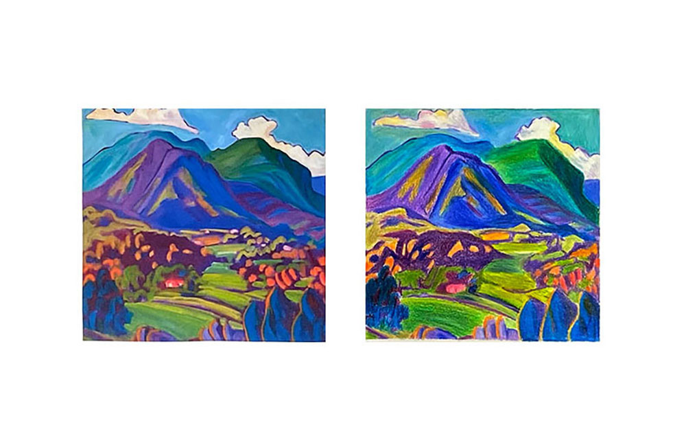 A colorful drawing of a mountain in a field. using the colors purples, blues and pinks