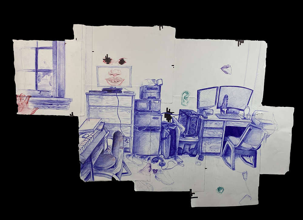 Multiple drawings on separate pieces of paper all. combined to be in the interior of an office