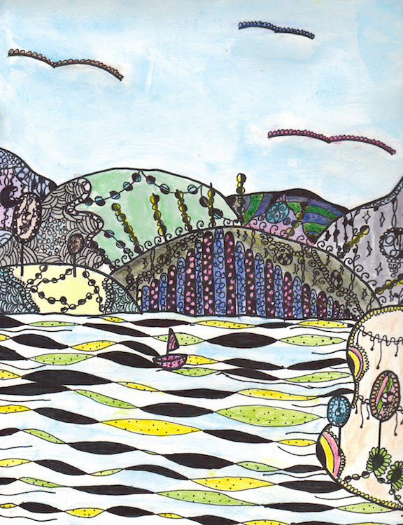 Scene of water and bridge created with zentangle