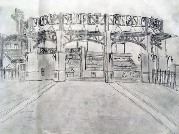 Pencil drawing of a baseball stadium.