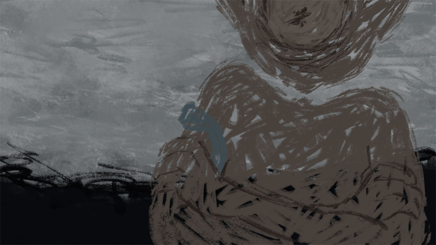An alien hugs himself in distress ater an unpleasant encounter with someone on the street. It is dark and overcast. The style of the still image is desaturated, dark, and gesturally drawn with expressive mark-making.