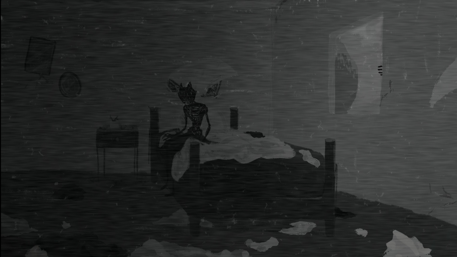 An alien sits, hunched over, on the corner of his bed in a very messy room. Clothes and trash are strewn all over the floor and bed. posters droop from the wall. An eerie hand grips teh side of the wall from the only window in the room. The still image is drawn very scratchily, with a haze of static over the whole thing. The still image is in black and white.