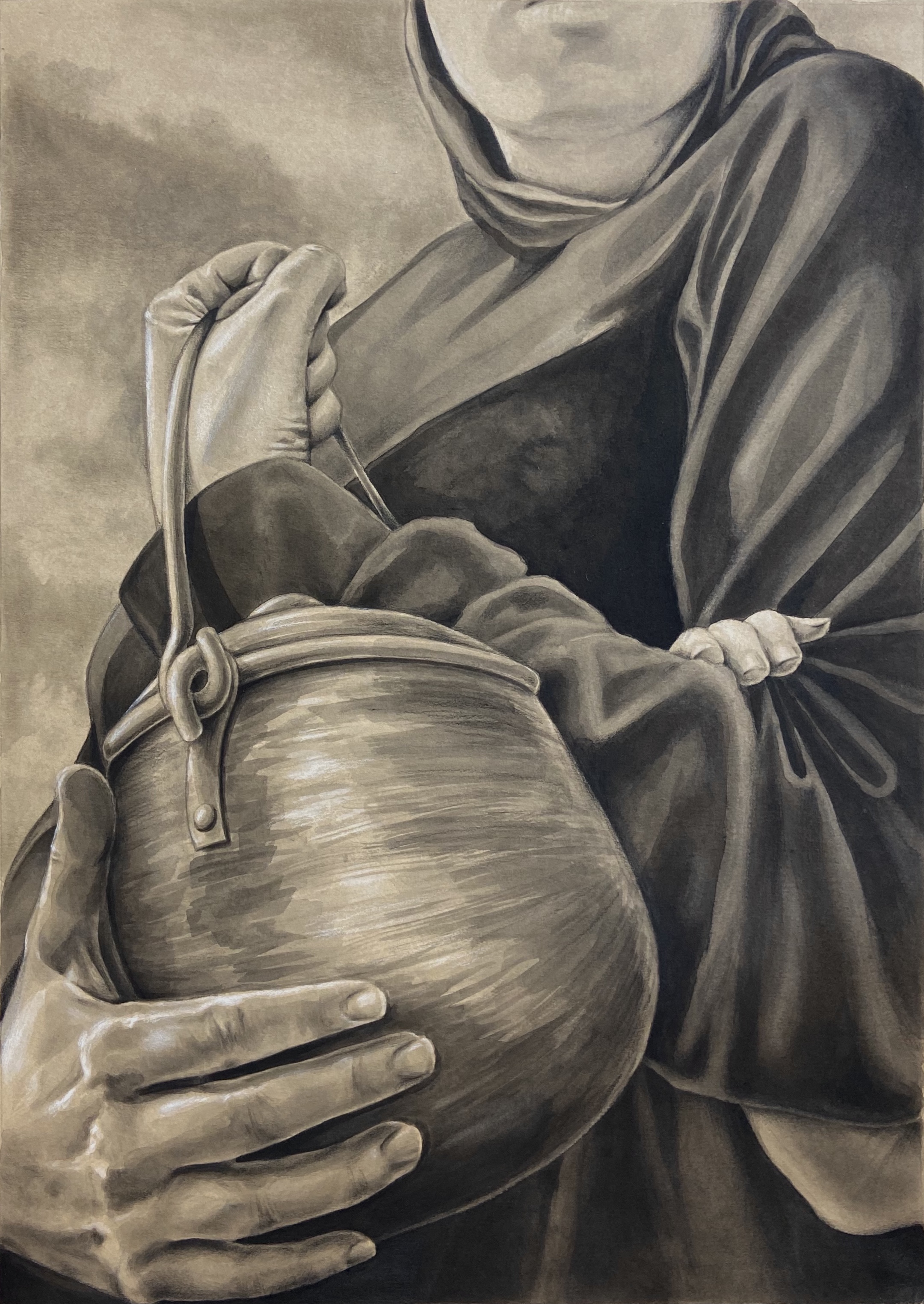 A depiction of my great-great grandmother attempting to smuggle gold in a small pot filled with pickles as she and her daughter are forced to leave behind their home.