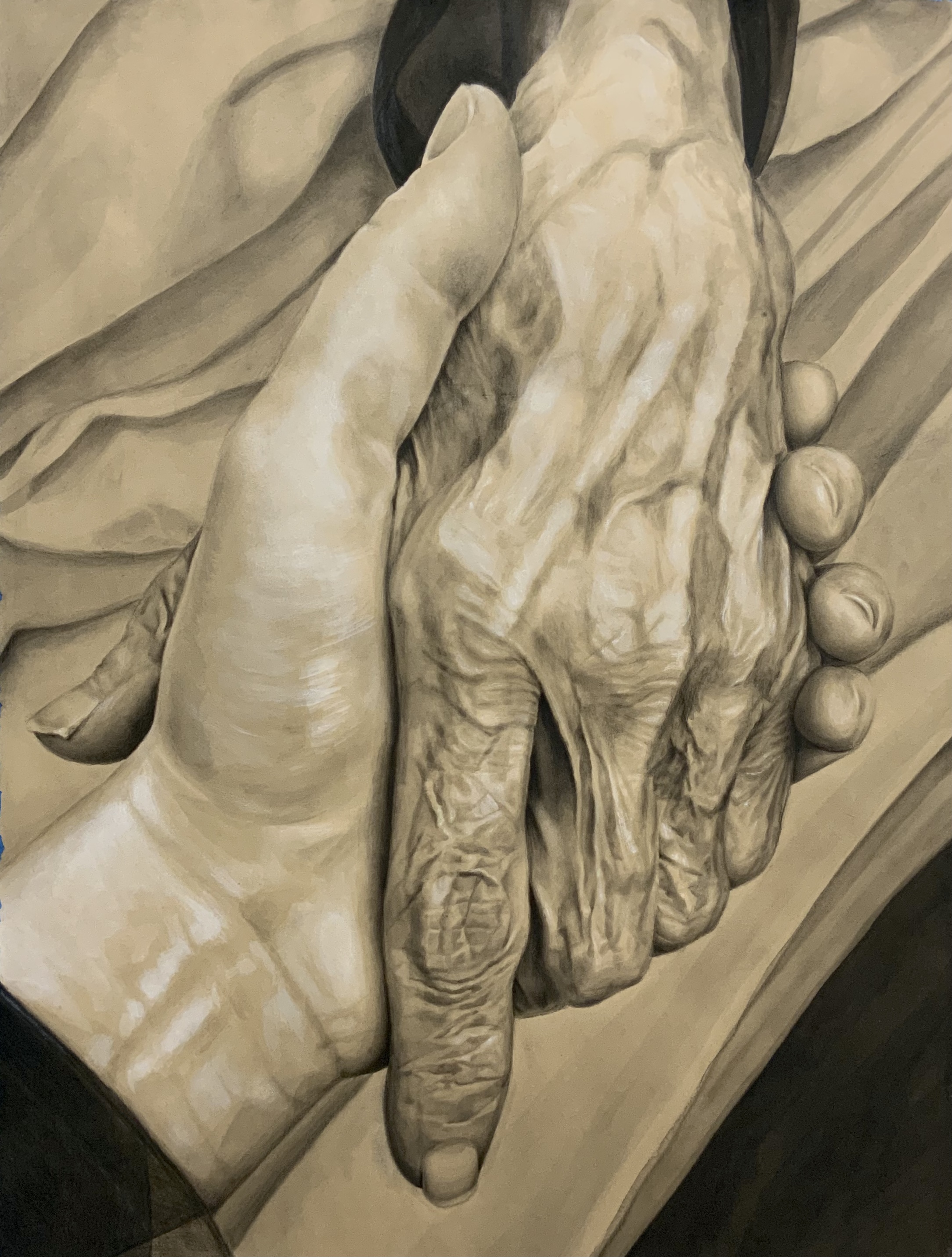 A drawing of myself and my grandmother holding hands during her final days. “Yaya,” is the Greek term for grandmother.