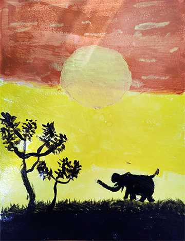 Painting of an elephant in a landscape with a sunset.
