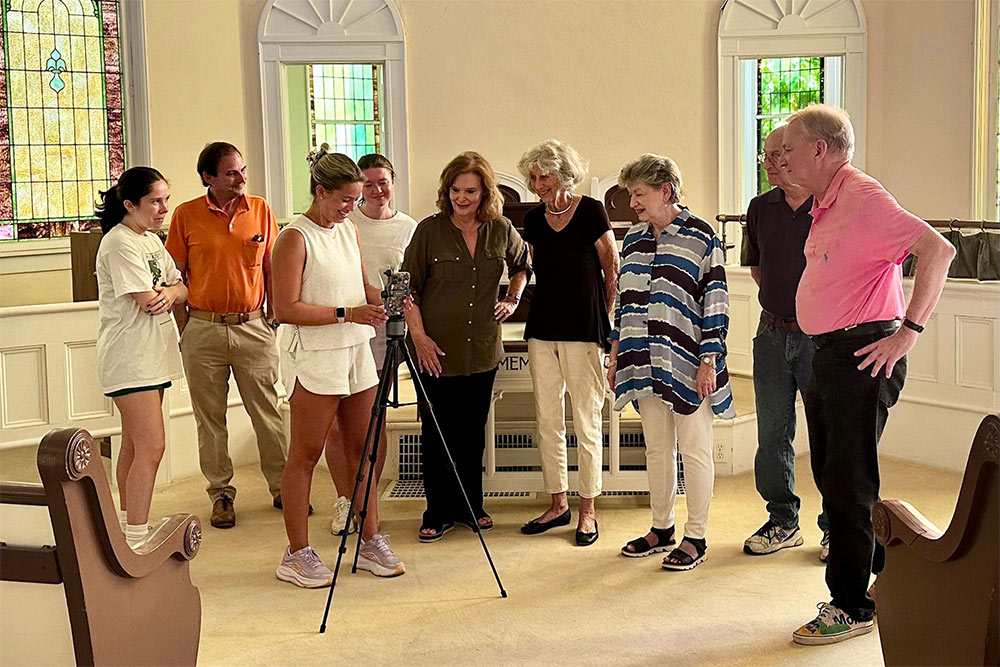 Historic Preservation graduate students work to document Louisville Presbyterian Church. Pictured, left to right: Julie Thompson, student; Briar Jones, instructor in the MSU Department of Building Construction Science; Ava Fratesi, student; Mary Claire Martin, student; Beth Miller, coordinator of the graduate program and head of the Department of Interior Design at MSU; local historian B.J. Smyth Kelleghan; church members Beth Edwards and John Black; and Associate Professor Jeff Fulton.