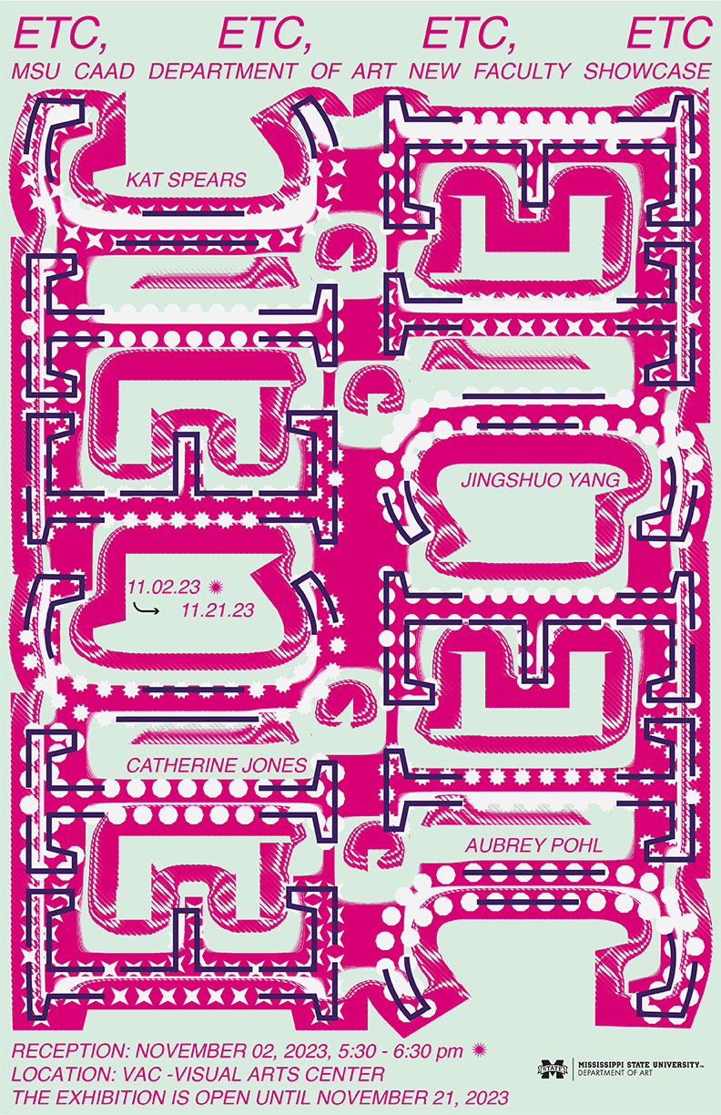 Pink and green poster design for gallery exhibition titled ETC ETC ETC ETC