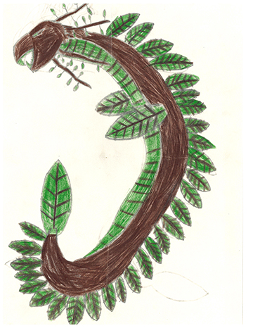 Drawing of a dragon with leaves along its back.