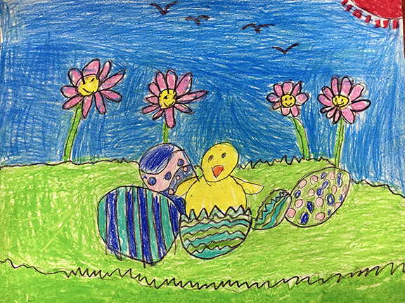 Drawing of a yellow chick hatching from an easter egg.