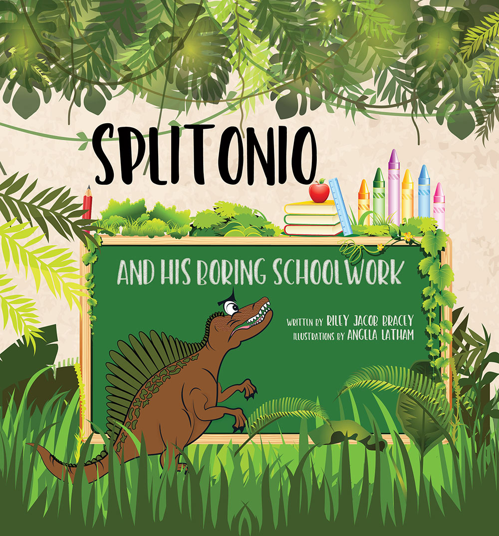 front cover of "Splitonio and His Boring Schoolwork" - written by Riley Jacob Bracey, illustrations by Angela Latham - shows leaves in the background and a brown dino with green spikes looking at green chalkboard with school supplies on top