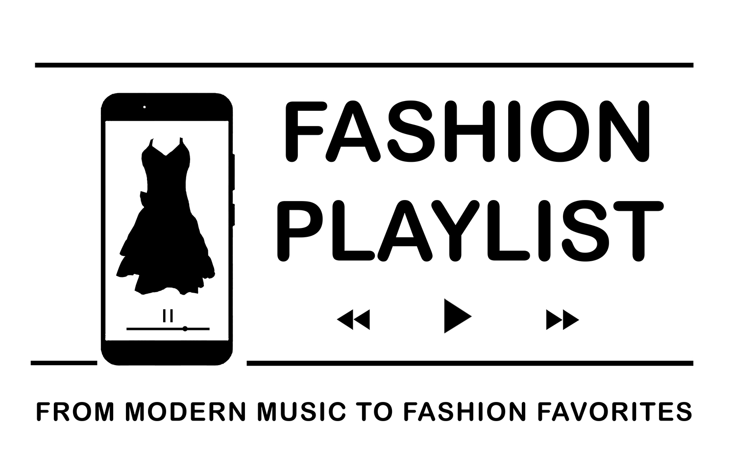 Black and white image of a dress silhouette set inside a cell phone silhouette next to the words Fashion Playlist