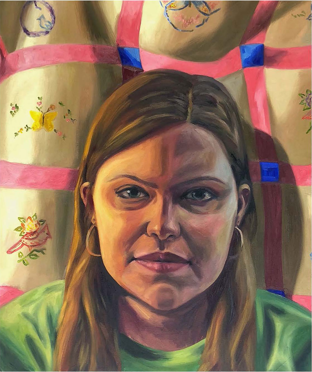 Colorful self portrait figurative painting - girl with white skin, brown hair, green eyes, sitting on what looks like a quilt. 