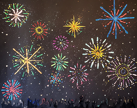 Painting of colorful fireworks on a dark black background.
