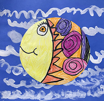 Painting of a bright yellow and orange fish shaped like a circle on a blue square background with white waves.
