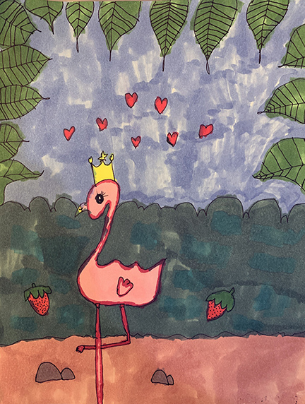 Drawing of a pink flamingo in a forest.
