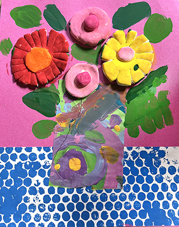 Collage of flowers made of clay shapes and paint.