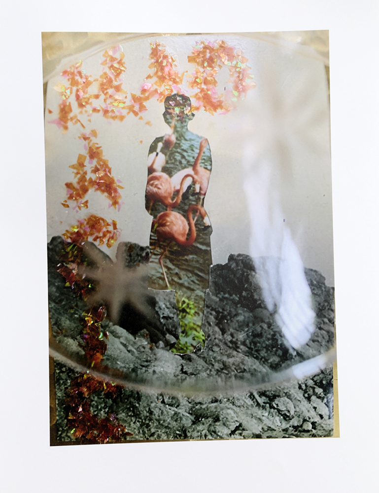 An photograph of figure that no longer exist, cut out and replaced by flamingos