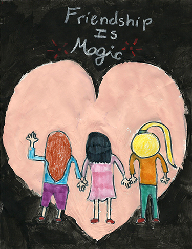 Drawing of three figures holding hands in front of a large oink heart over a black background. At the top of the image are the words Friendship is Magic.r
