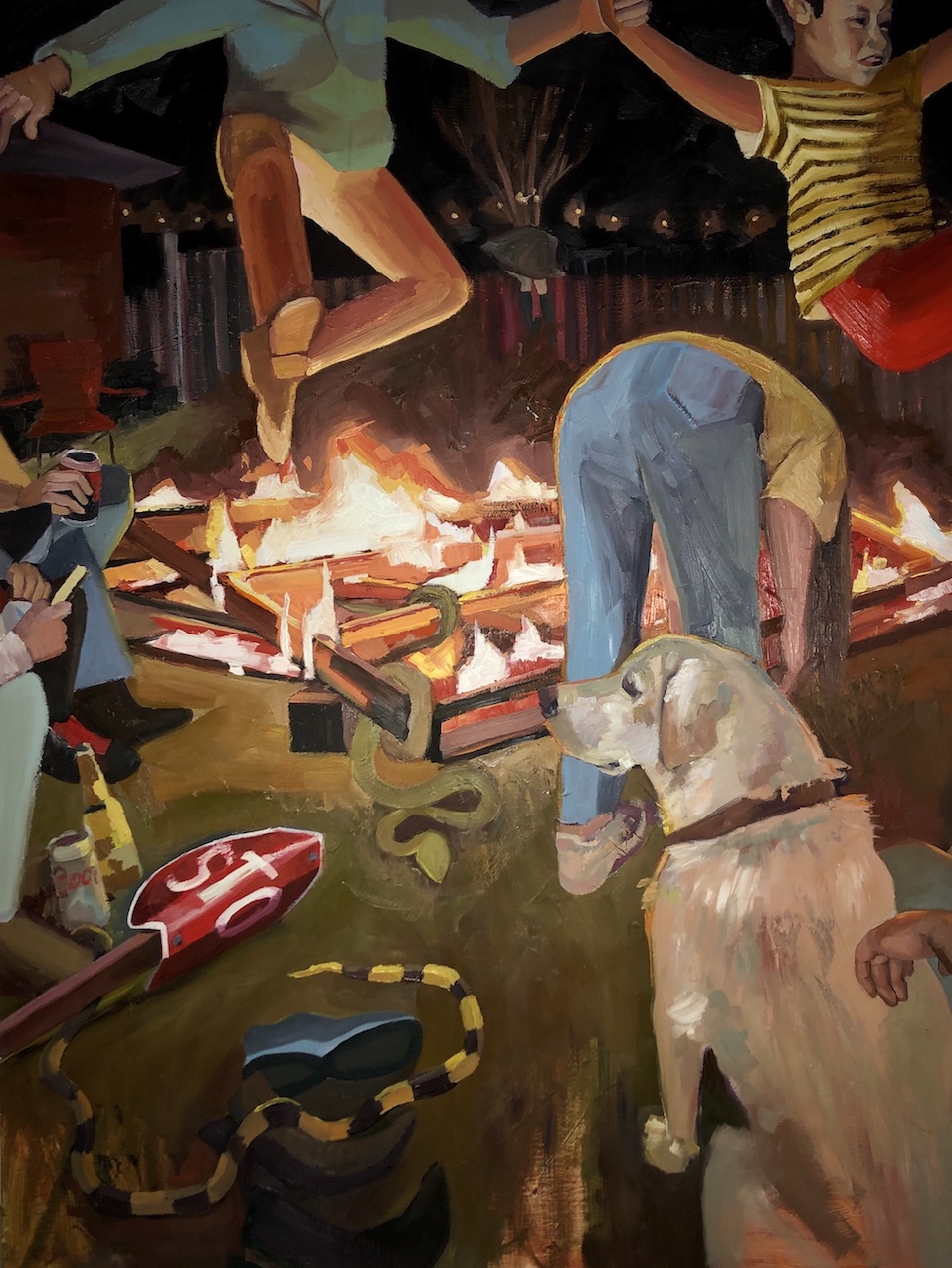 A pallet bonfire is lit in the center of the painting. A man and a young child are jumping over the fire. A girl wearing jeans is bending over, ducking from the two figures. There is a knocked over stop sign pointing to the girl’s bottom. The row of people on the left are sitting and drinking. A yellow lab is sitting in the bottom right corner. Snakes are coming out of the fire. In the distance, a girl with a skirt on is hopping over the fence.