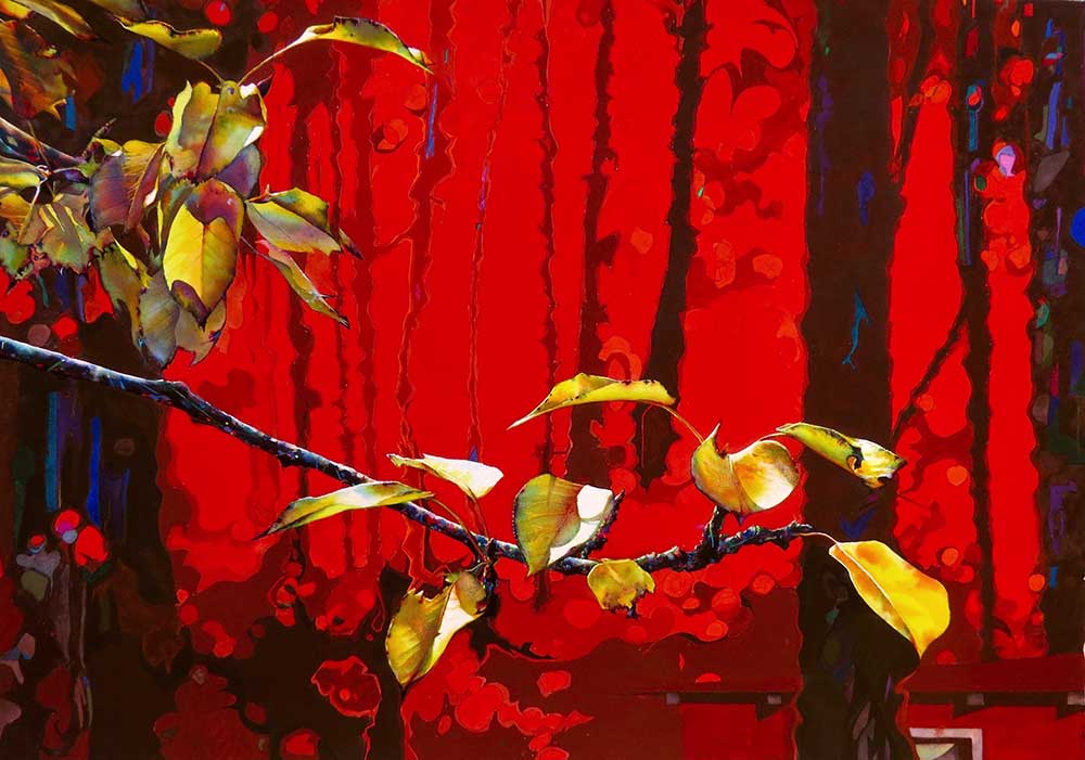 “Soul House (Red)," a watercolor painting by Mississippi artist Brent Funderburk - shows yellow leaves on a branch in foreground, dark lines in background with red sky