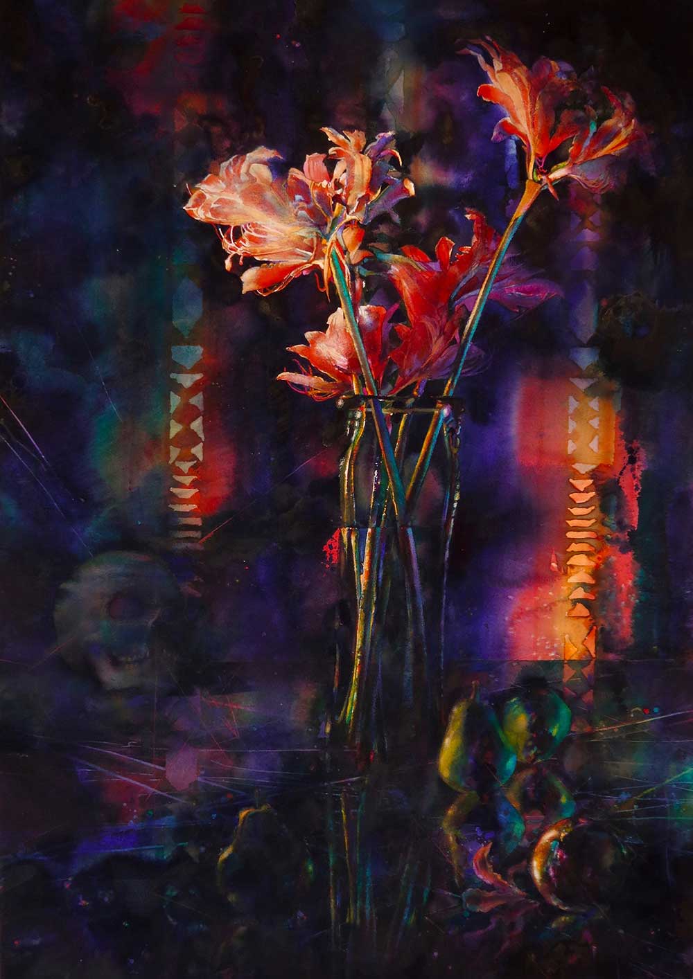 "Anterroom" a watercolor painting by Mississippi artist Brent Funderburk - shows peach flowers in foreground, background is darker with blues and purples, a skull and pears are seen