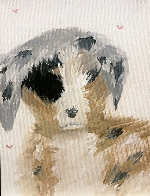 Painting of a brown, black, and grey puppy on a pink background.