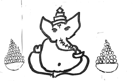 Hindu God Ganesha in-between two offerings