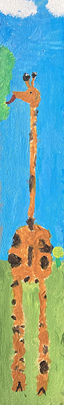 Painting of a tall giraffe eating leaves in front of a blue sky.