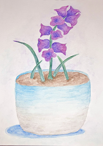 Watercolor painting of a flower in a pot.