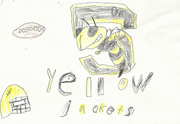 Drawing of a black and yellow football helmet, brown football, and a yellow jacket in front of the number five and the words Yellow Jackets