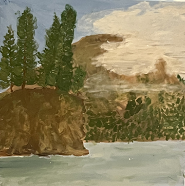 Painting of water and land along the water.