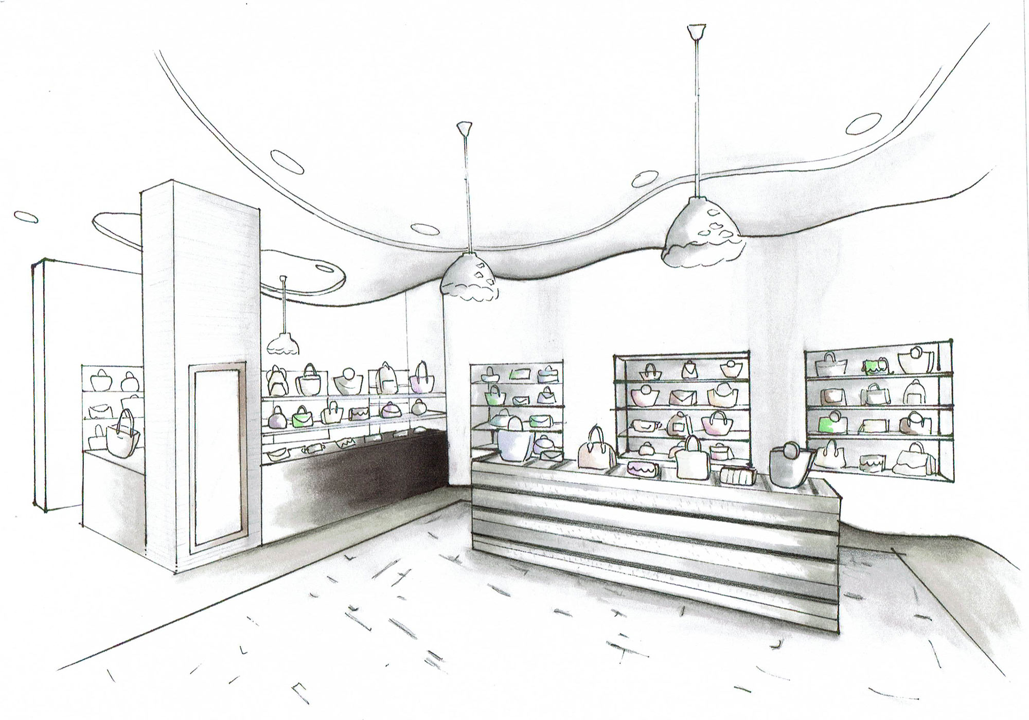 hand rendering of what looks like the inside of a purse shop