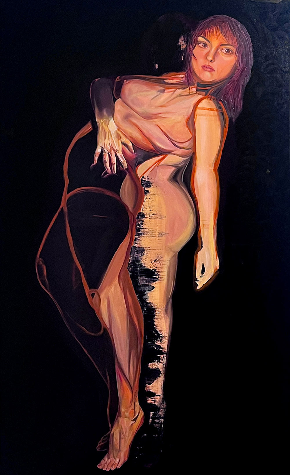 painting - A woman standing on her toes with her left arm hanging. The right hand grabs her twisted waist representing volume and strength or power. 
