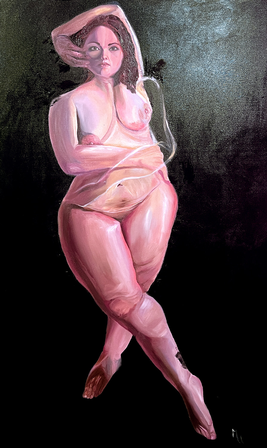 painting - A woman stands and crosses her legs in a forward motion to represent challenge. The arms twist around the body while her right hand pulls on her cheek.