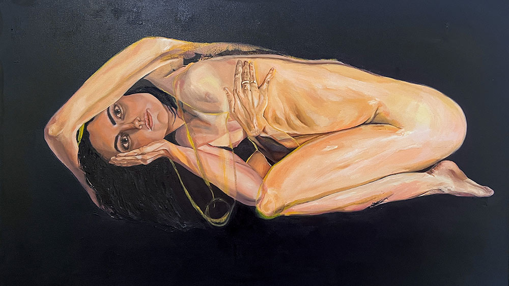 painting A woman in the fetal position opens and stretches her chest resting her arm around her head. The pose represents hypersexuality derived from traumatic experiences. The left hand softly holds the face to represent self-care.