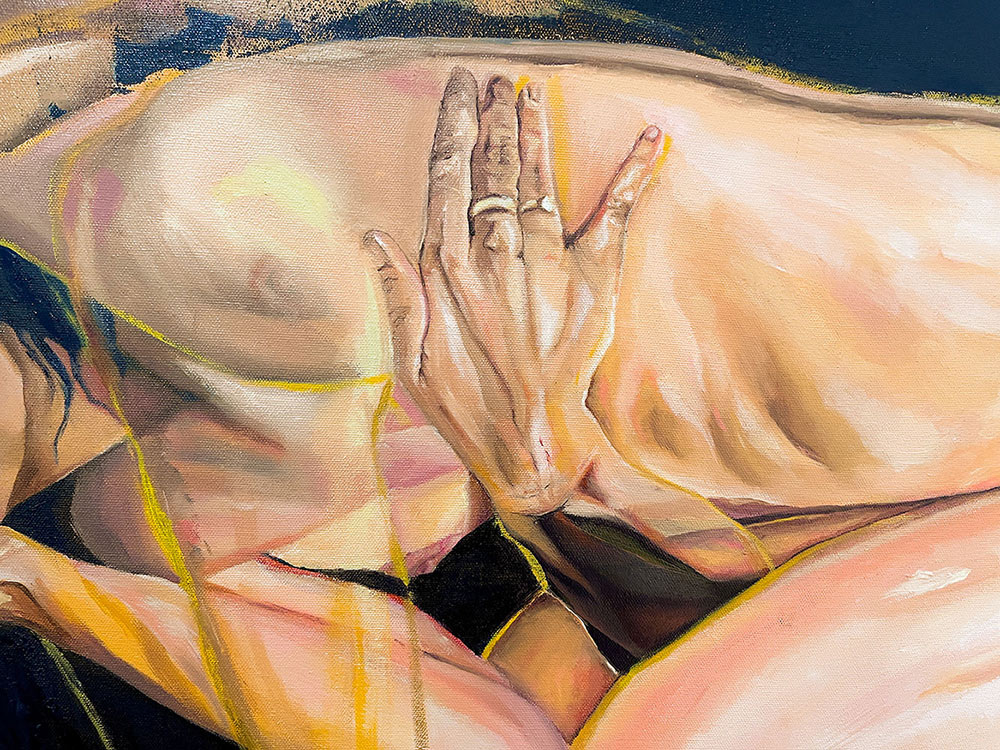 detail of painting A woman in the fetal position opens and stretches her chest resting her arm around her head. The pose represents hypersexuality derived from traumatic experiences. The left hand softly holds the face to represent self-care.
