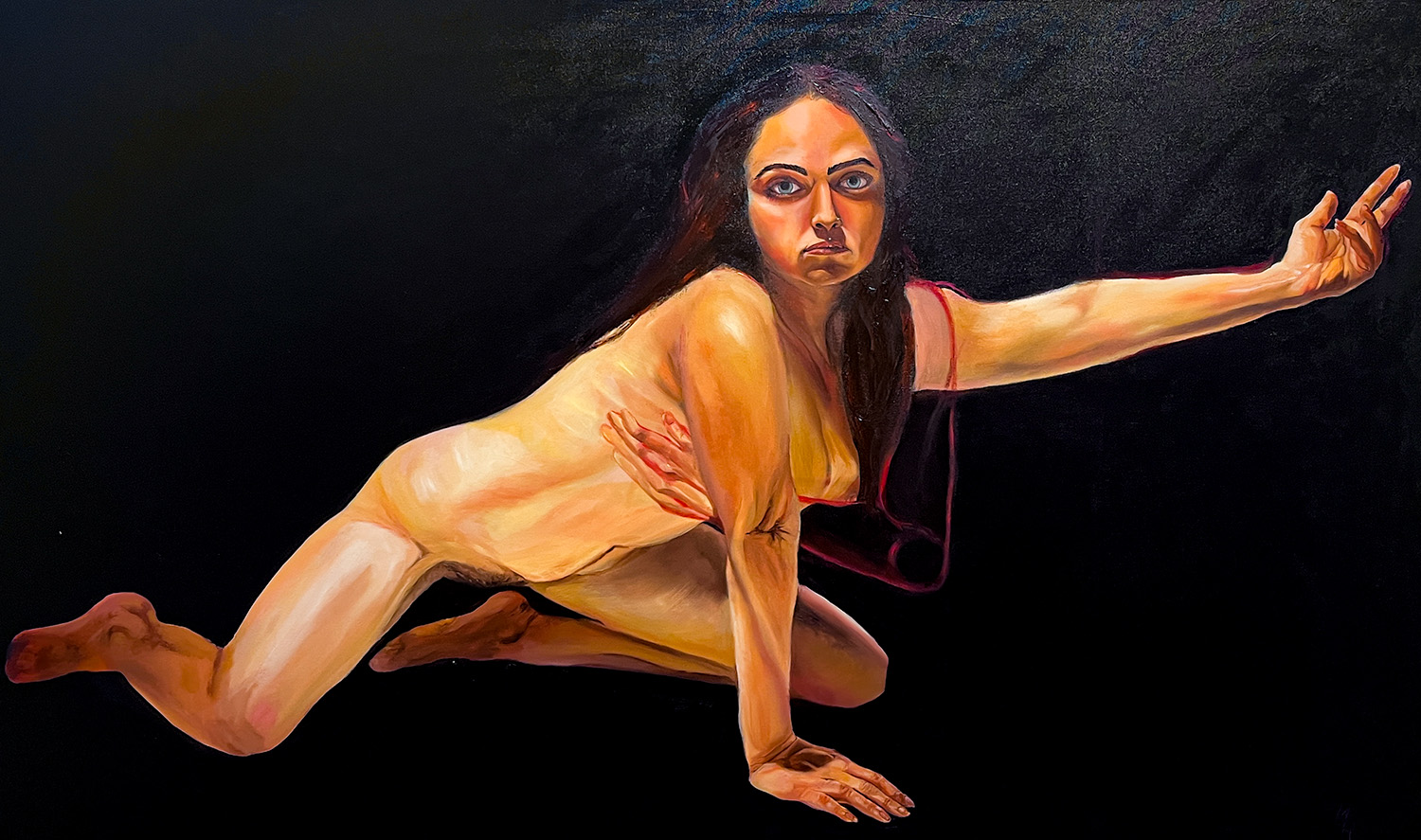 painting -A woman is on her knees with her right arm holding her body up to signify strength. The left arm reaches out to represent a never-ending search. Hiding the chest is a form of protection.
