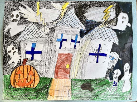 Drawing of a haunted house surrounded by ghosts and pumpkins