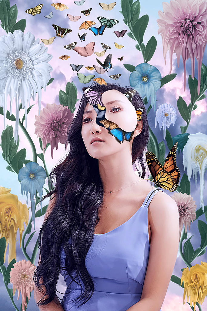 Digital color image of girl wearing a blue tank top. She is surrounded by flowers. Her face is breaking apart and butterflies are flying up out of her face.