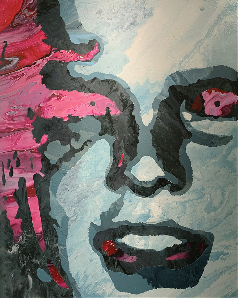 Red and Pink base layer with varying layers of cool gray acrylic paint forming a figures face.