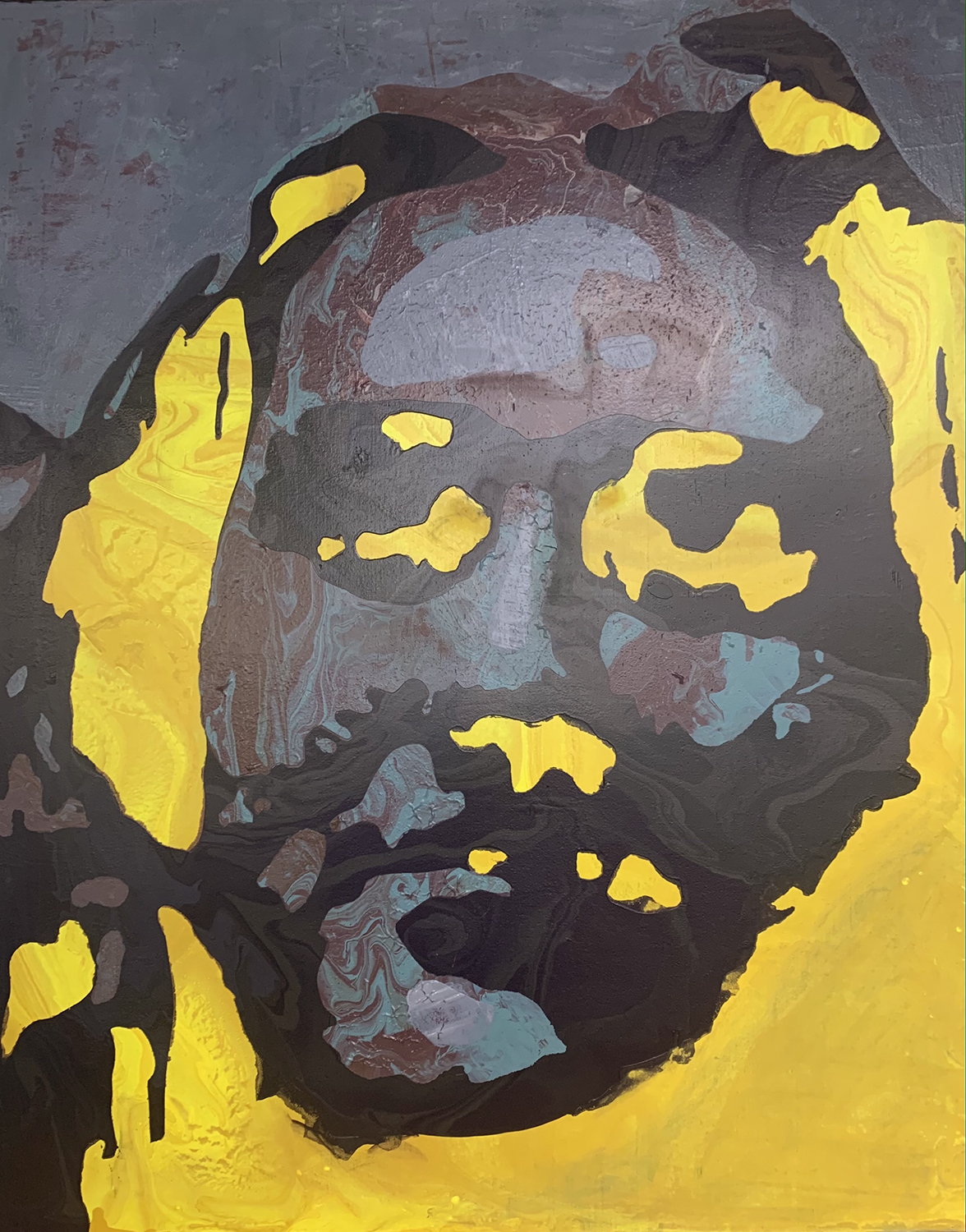 Yellow base layer with varying layers of cool gray acrylic paint forming a figures face.