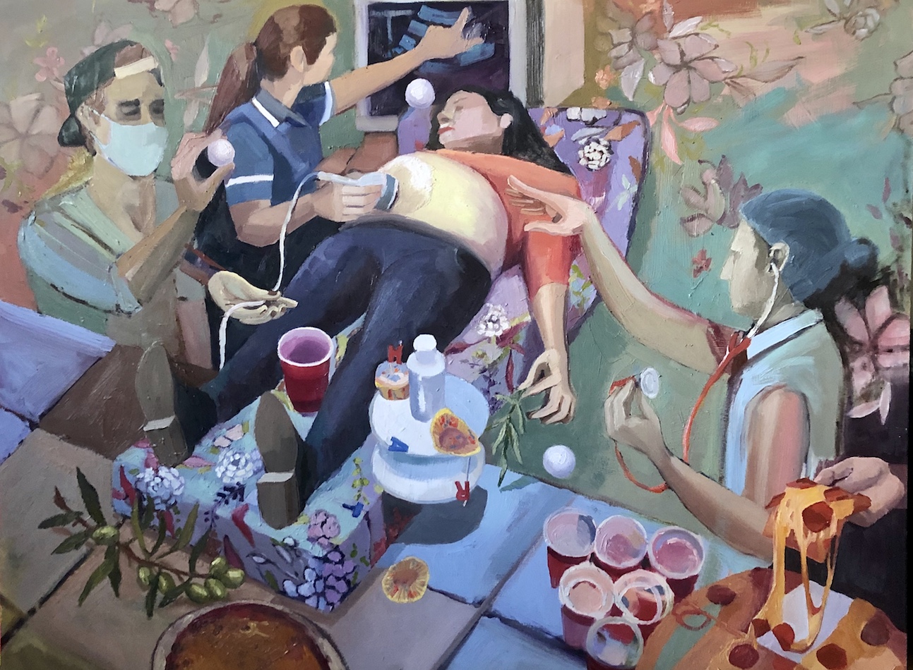 Women laying on a medical bed getting an ultrasound by a nurse. A red solo cup is between pregnant woman’s legs. The nurse is pointing to the ultrasound screen behind the laying woman’s head. The bed has a floral design that also fades into the background of the painting. Two young men are playing beer pong in front of the bed. They are wearing medical equipment. A facemask, hairnet, and a stethoscope. The beer pong table is covered in eaten pizza and cupcakes. The woman is holding an olive branch in between her fingers and there is another olive branch under her feet.
