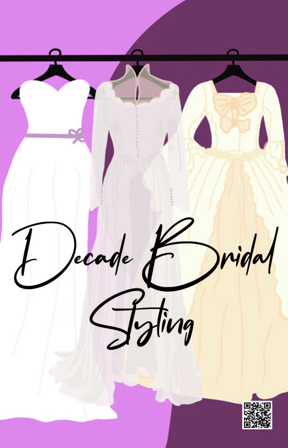 Illustrations of three wedding dresses.