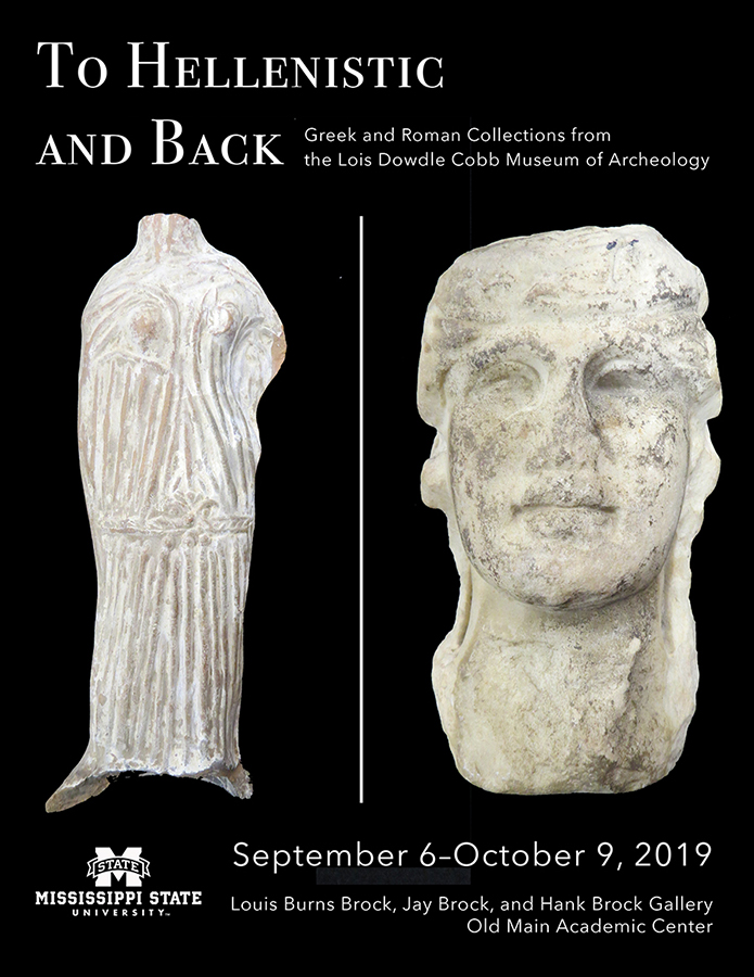 Two ancient artifacts side by side on a black background. The object on the left is a white clay statue of a Greek woman missing her head, wearing draped clothing. On the right is a white marble head of a young man.