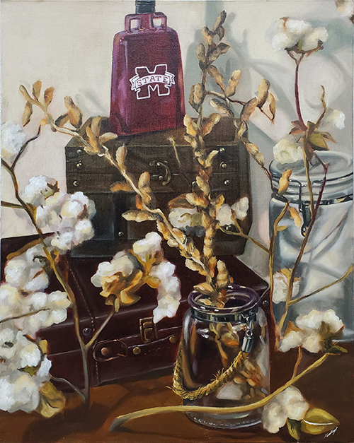 still life painting of cotton and deer antlers with maroon MSU cowbell