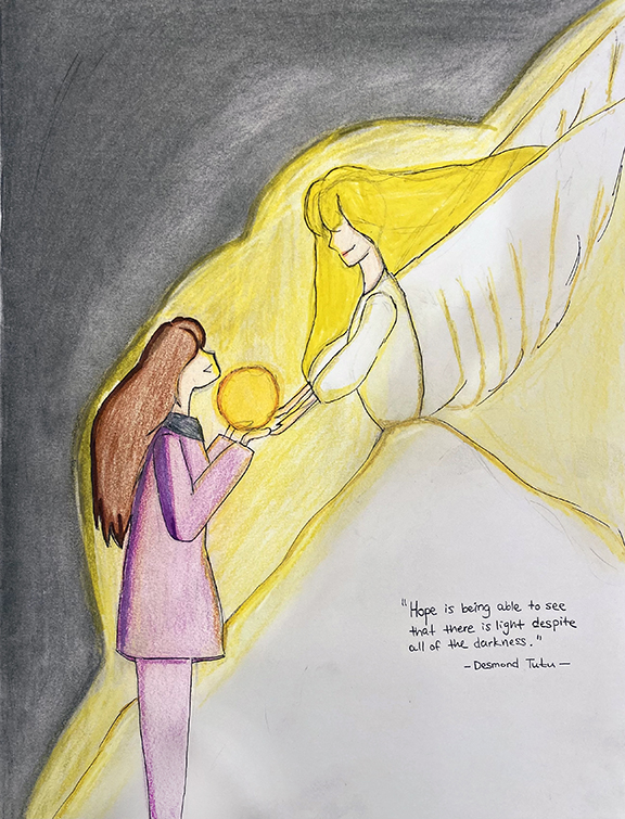 Watercolor painting of a girl looking up to an angel handing her a golden circle.