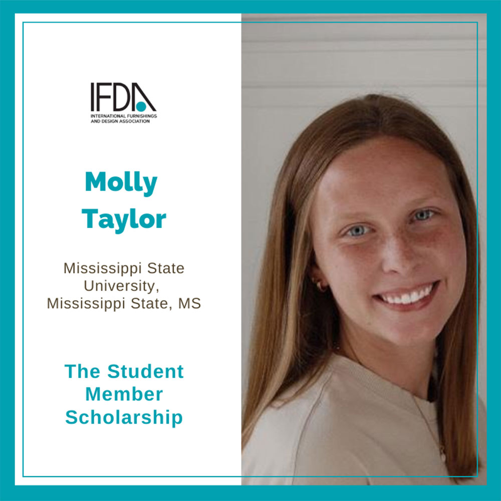 teal box, left: words: IFDA logo, Molly Taylor, Mississippi State University, Mississippi State, MS, The Student Member Scholarship; right: headshot of Molly Taylor 