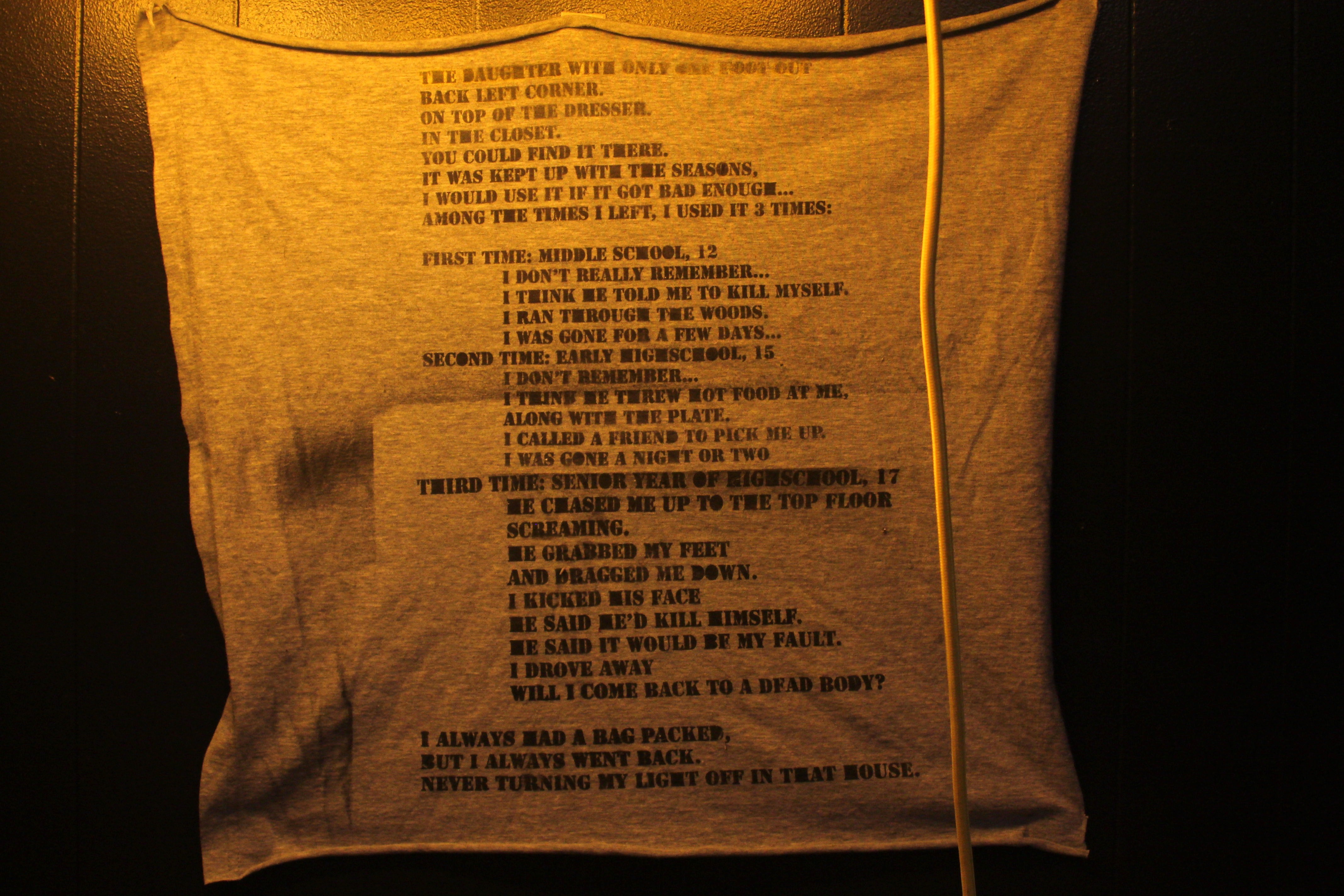 Poem on tapestry for the daughter with only 1 foot out: THE DAUGHTER WITH ONLY ONE FOOT OUT BACK LEFT CORNER. ON TOP OF THE DRESSER. IN THE CLOSET. YOU COULD FIND IT THERE. IT WAS KEPT UP WITH THE SEASONS, I WOULD USE IT IF IT GOT BAD ENOUGH… AMONG THE TIMES I LEFT, I USED IT 3 TIMES:  FIRST TIME: MIDDLE SCHOOL, 12 	     I DON’T REALLY REMEMBER… 	     I THINK HE TOLD ME TO KILL MYSELF. 	     I RAN THROUGH THE WOODS. 	     I WAS GONE FOR A FEW DAYS… SECOND TIME: EARLY HIGHSCHOOL, 15 	     I DON’T REMEMBER… 	     I THINK HE THREW HOT FOOD AT ME, 	     ALONG WITH THE PLATE. 	     I CALLED A FRIEND TO PICK ME UP. 	     I WAS GONE A NIGHT OR TWO THIRD TIME: SENIOR YEAR OF HIGHSCHOOL, 17 	     HE CHASED ME UP TO THE TOP FLOOR 	     SCREAMING. 	     HE GRABBED MY FEET 	     AND DRAGGED ME DOWN. 	     I KICKED HIS FACE 	     HE SAID HE’D KILL HIMSELF. 	     HE SAID IT WOULD BE MY FAULT. 	     I DROVE AWAY 	     WILL I COME BACK TO A DEAD BODY?  I ALWAYS HAS A BAG PACKED, BUT I ALWAYS WENT BACK. NEVER TURNING MY LIGHT OFF IN THAT HOUSE. 