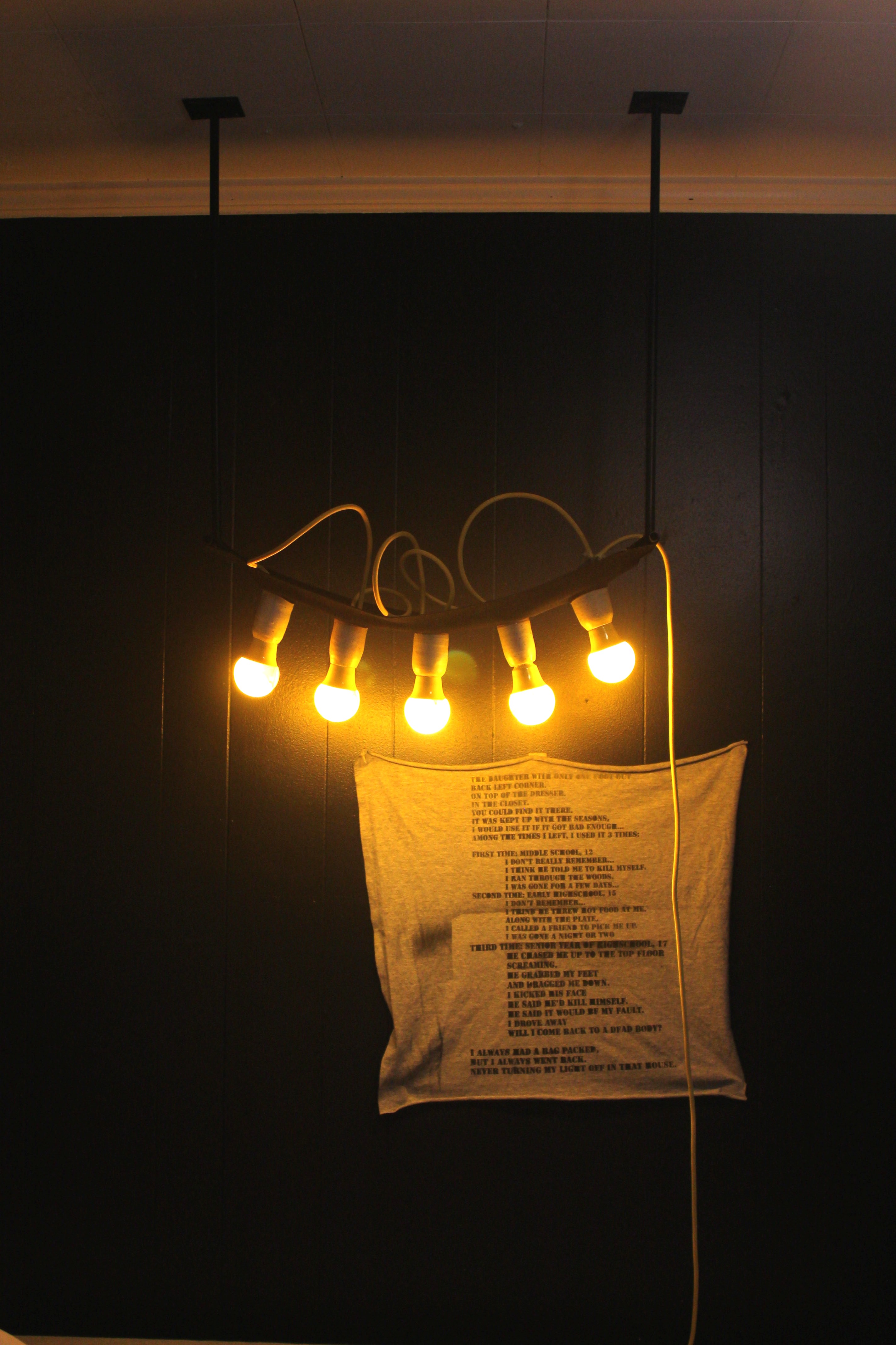 light figure hanging from the ceiling with 5 lights and housings in leather sling.