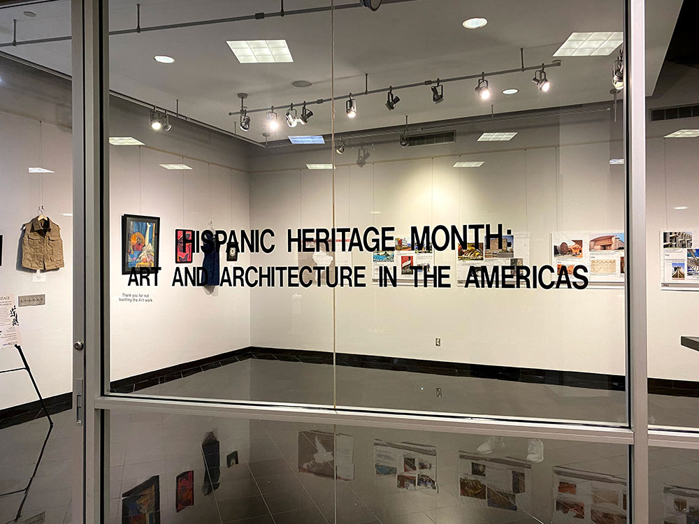 view looking in through glass of exhibit (exhibit title words on glass)